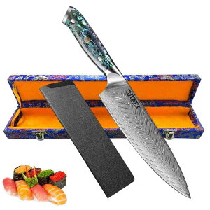 Utaki ダマスカス牛刀 牛刀包丁 67層ダマスカス 【Undine・ウンディーネI】 VG10号鋼芯 アワビ貝+樹脂のハンドル見た目にも大変美しい一品