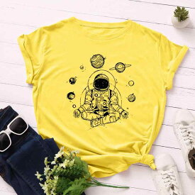 レディース Tシャツ トップス コットン 綿素材 丸首 短袖 ゆったり ルーズフィット プリント 印花柄 宇宙飛行士 かわいい グラフィック ストリート ファッション 赤 イエロー ホワイト ネイビー グリーン グレー ピンク オリーブ ワインレッド 通