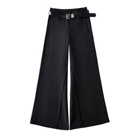 レディース 低腰 Vカット デザイン ワイドレッグ ベルボトムパンツ ゆったり 軽熟女風 私服 切り替え 薄手 無地 ブラック 長丈 ポリエステル 95% 涤纶 ストレッチなし 秋季 秋 女性用 ラフスタイル 日常使い ハイウエスト風 ゆったりシルエット
