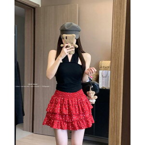 red flower print A-line skirt women's short high-waisted slim fit hip-wrap cake mini skirt chic