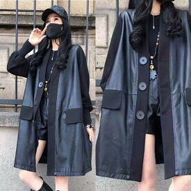 【取寄】レザーコート ロングコート ジャケット 大きいサイズ ゆったりサイズ 体形カバー レディース 春秋服 新作 韓国 ファッション ロングカーディガン 異素材ミックス ボタン フェイクレザー ひざ丈 袖リブ 長袖 甘辛 ゴスロリ かっこいい 個性 無地 ブラック M L XL 2XL