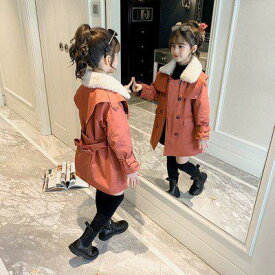 【取寄】コートガールズ トレンチコート 子供服 女の子 かわいい 秋 冬 長袖 キッズ ジュニア アウター ダブルボタン ベルト付き 大人っぽい おしゃれ ミドル丈 裏ボア 暖かい 小学生 長袖 フロントボタン 裏地付き コート 通学 通園 オレンジ カーキ 大きいサイズ 150 160