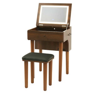 ドレッサー テーブル コンパクト デスク おしゃれ ライト付き チェア セット 化粧台 2way コンセント付 スツールセット メイクボックス 化粧品収納 一面鏡 ブラウン ホワイト MD-6755