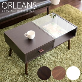 センターテーブル ORLEANS オリンズ ローテーブル ガラス天板 収納棚付き ブラウン/ホワイト/ライトブラウン 木目デザイン シンプル 木製 リビングテーブル フロアテーブル 3色対応 DBR/WH/LBR 丈夫素材 CT-845 送料無料