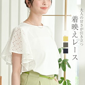 接触冷感 半袖 tシャツ レディース 袖レース オフィスカジュアル トップス きれいめ カットソー綿 綿混 シアー ラッフルスリーブ 夏 涼しい サマー 大人 フリル ブラウス フレア ボリューム袖 フレア袖 フリル袖 五分袖 クルーネック スーツインナー 白 黒 リリーベル 即納