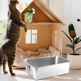 猫用トイレ ステンレス鋼 大型オープントップ ペット用トイレ 猫砂盆地 50x35x15cm ハンドル付き