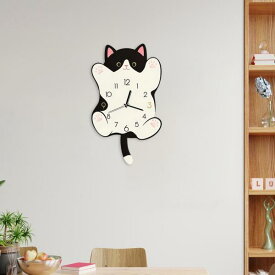 猫の壁掛け時計 壁飾り ユニークなギフト かわいい キッチン 子供部屋 リビングルーム ブラック
