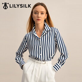 LILYSILK(リリーシルク) ブラウス レディース おしゃれ 長袖 シルク100% ストライプ きれいめ シルクツイル ワンポイント刺繍ロゴ 定番ストライプシャツ アマルフィシリーズ