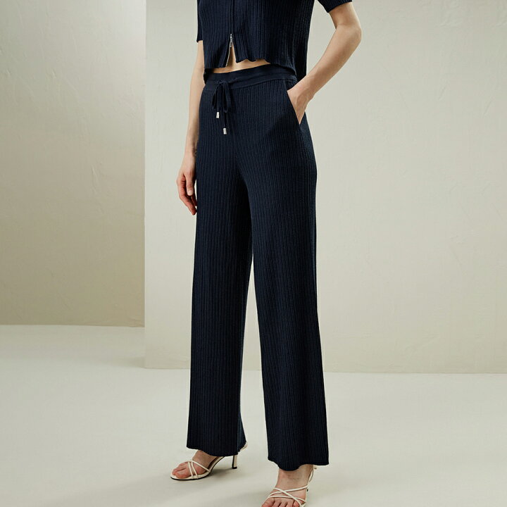 lilysilk ネイビー ワイドパンツ ゴールドボタン 