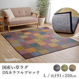 国産 い草 ラグ ラグマット カーペット おしゃれ DXカラフルブロック（裏貼り） 約191×250cm カラフル スクエア タイル 純国産 日本製 吸湿 抗菌 消臭 秋 冬 和モダン 和室 送料無料 新生活 父の日