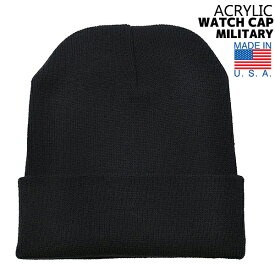 MILITARY ACRYLIC WATCH CAP Made in USA BLACK ミリタリー アクリル ワッチキャップ ブラック アメリカ製 帽子 ニット帽 無地 黒
