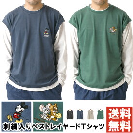 フェイクレイヤード カットソー 長袖 メンズ ロンT ディズニー ミッキーマウス tシャツ トムとジェリー ユニセックス 送料無料 通販A3 【F2-1248】