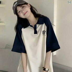 女の子 コットン ポロ襟 半袖 Tシャツ 夏 2025年 中学生 高校生用 ゆったり トップス カジュアル カットソー