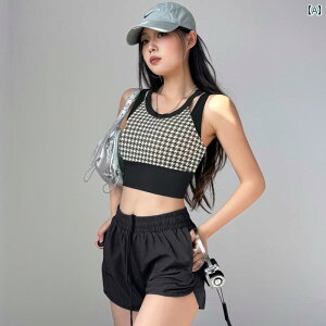 コントラストカラー スポーツ 女性用 通気性 速乾性 ヨガ ランニング ピラティス フィットネス ブラトップ 千鳥格子 おしゃれ ジム