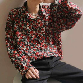 シャツ メンズ 男性用 長袖 ポリエステル 花柄 プリント レギュラーカラー ゆったり 古着風 韓国 モード系 カジュアル
