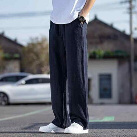 麻パンツ メンズ リネンパンツ ストレートパンツ ワイドレッグパンツ イージーパンツ カジュアルパンツ 薄手 秋 高弾性 ブラック 煙グレー カーキ 紺色 アーミーグリーン ホワイト