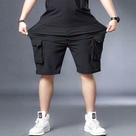 ハーフパンツ メンズ 男性用 ゆったり ワークパンツ カーゴパンツ ワイドレッグ イージーパンツ 短パン ポリエステル 高弾性 無地 薄手 夏 L XL 2XL 3XL 4XL 5XL 6XL 7XL 8XL ブラック