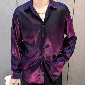 シャツ メンズ 男性用 トップス 春秋 長袖 ノーアイロン 形態安定 光沢 ゆったりめ カジュアル 紫色 グレー 緑