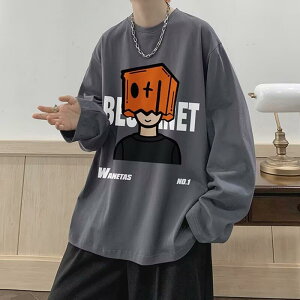 Tシャツ メンズ 男性用 長袖 秋物 薄手 ゆったりサイズ プルオーバー トップス 大きいサイズ 学生 インナーシャツ ポリエステル カートゥーンプリント ブラック ホワイト グレー