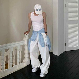 パンツ メンズ 男性用 カーゴパンツ ワイドパンツ ロングパンツ カジュアル 韓国 ゆったり ウエストベルト付き コットン 無地 春夏 ホワイト ブラック