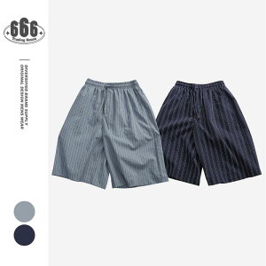 ハーフパンツ メンズ 男性用 日本製 ストライプ柄 ワークパンツ ミリタリーパンツ ワイドパンツ ゆったりサイズ 普段使い 部屋着 接触冷感 通気性 耐摩耗性 ネイビー ブルー系