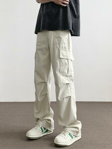 カーゴパンツ メンズ 薄手 ワークパンツ ストレートパンツ カジュアルパンツ 春夏 ポリエステル 無地 ウエストゴム 徽章付き 黒 ブラック ベージュ