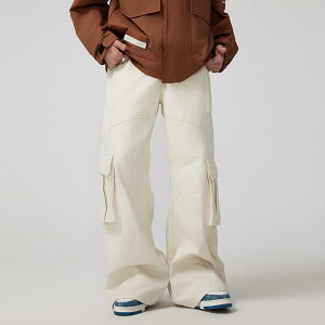 パンツ メンズ 高街 カーゴパンツ ワイドレッグ ストレート コットン 無地 ワークパンツ 男性用 ミリタリーパンツ ポケット付き ベージュ カーキ レッド グレー