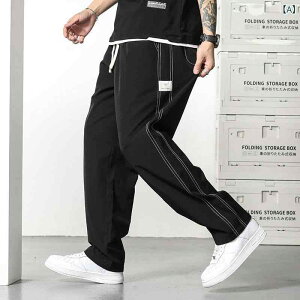 パンツ メンズ 男性用 大きいサイズ ゆったりサイズ 個性的 ブラック 黒 ライン ストレート ロングパンツ 普段使い カジュアル スタイル