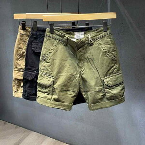 ハーフパンツ メンズ 男性用 カーゴパンツ ワークパンツ 綿 ワイド ルーズ ストレート 薄手 ブラック ホワイト カーキ アーミーグリーン 春夏