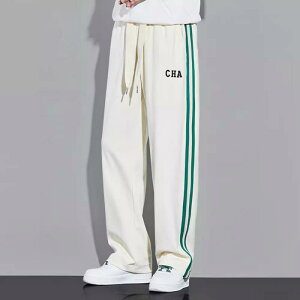 スウェットパンツ メンズ ストレート ワイドレッグ 薄手 夏 部屋着 スポーツ カジュアルパンツ 韓国 コットン ポリエステル混紡 黒 ブラック ベージュ ストライプ