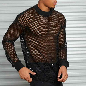 Tシャツ メンズ 男性用 長袖 メッシュ ドロップショルダー 透け感 通気性 インナー 薄手 黒 ブラック