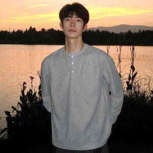 Tシャツ メンズ ヘンリーネック カットソー 長袖 ワッフル 無地 ゆったり コットン混紡 春秋 普段使い 部屋着