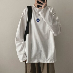 Tシャツ メンズ 男性用 長袖 ルーズフィット ラウンドネック プリント柄 秋冬 トップス 普段着 部屋着 ブラック ブルー ホワイト