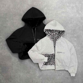 スウェット メンズ レディース ヒョウ柄 リバーシブル 裏起毛 パーカー ストリート 秋冬 プルオーバー 長袖 暖かい 部屋着 デイリー ゆったり 黒 グレー