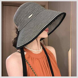 麦わら帽子 レディース 大つば 折りたたみ 遮陽帽子 ストローハット 日焼け防止 通気性 ベージュ ブラック 黒白ストライプ UVカット 春夏 秋冬 日韓風 おしゃれ かわいい 旅行用 普段使い(x2)