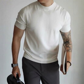 Tシャツ メンズ 男性用 ビジネス トップス ニット 半袖 ハーフハイネック スリムフィット 無地 ポリエステル 洗濯機洗い可能 コーヒー色 黒 白 グレー