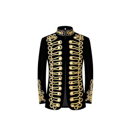 ジャケット 男性用 ヨーロピアン宮廷衣装 貴族風 レトロ 軍服 ジャケット 平織り ハンドメイド 金糸 刺繍 アウター 黒 ゴールド 春秋 舞台衣装 演出服 ポリエステル
