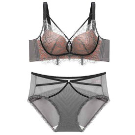 ブラジャー &amp; ショーツ レディース 小胸 盛れる 谷間 寄せ上げ レース ランジェリー セット 3/4カップ 厚手 パッド 通気性 無鋼圈 ノンワイヤー 快適 美胸 ナイロン 再生繊維 デイリー(x2)