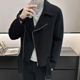 コート メンズ ウール ショート丈 ベルト付き スリム ピーコート Pコート 秋冬 ブラック 黒 カーキ