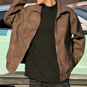 ジャケット メンズ レトロ スタッズ付き フェイクレザー ゆったり 襟付き ジップアップ アウター 黒 ブラック グレー ブラウン M L XL XXL 春秋 カジュアル