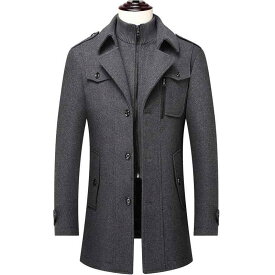コート メンズ ウール ミドル丈 厚手 アウター 男性用 ビジネス 紳士服 シングルブレスト 襟付き 無地 冬 グレー 黒 茶色