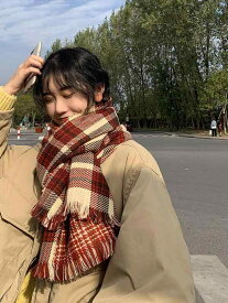 マフラー レディース 秋冬 韓国 チェック柄 厚手 防寒 あったか 学生 両面 メンズ 男女兼用 ブラック レッド ブルー ネイビー あたたかい 風