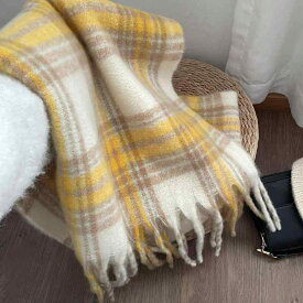 マフラー レディース ストール 秋冬 仿羊絨 チェック柄 大判 欧美風 厚手 保温 美ラードカラー 黄色 黒 白 風 肩掛け 膝掛け(x2)