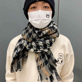 マフラー メンズ 男性用 格子柄 秋冬 防寒 保温 厚手 学生 兼用 ストール ショール 千鳥格子柄 黒 茶色 青 黄色