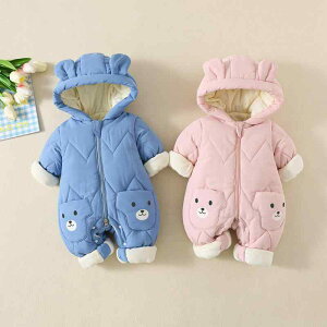 ベビー服 カバーオール ジャンプスーツ 厚手 防寒着 フード付き 長袖 ロンパース ポリエステル混紡 春秋冬 新生児 乳幼児 男の子 女の子 かわいい おしゃれ 普段着 部屋着 お出かけ 66cm 73cm 80