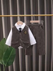 キッズ フォーマルスーツ 男の子 おしゃれ 3点セット 春秋物 子供用 タキシード風 ストライプ ダークブラウン 80 90 100 110 120cm