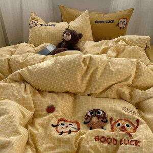 寝具 全綿 四点セット かわいい 春夏 綿 ベッドシーツ カバーセット カトゥーン柄 三点セット タオル刺繍 ウォッシュドコットン