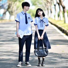 制服 シャツ &amp; 短スカートセット 男女兼用 高校生 学生服 有機コットン混紡 文芸風 夏スタイル