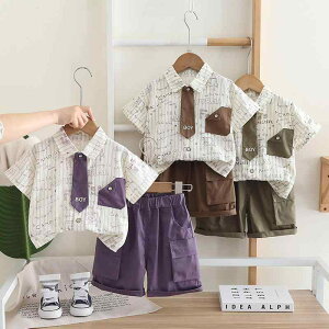 子供用シャツ 短パン 上下セット 夏服 半袖 0歳 1歳 2歳 3歳 4歳 男の子 女の子 綿 薄手 かわいい カートゥーン柄 アルファベット柄 緑 紫 コーヒー色 80cm 90cm 100cm 110cm 120cm