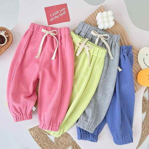 キッズ スウェットパンツ ゆったり ドローストリング 裾絞り ジャージパンツ 子供服 春夏 高腰 無地 グレー グリーン ピンク ブルー